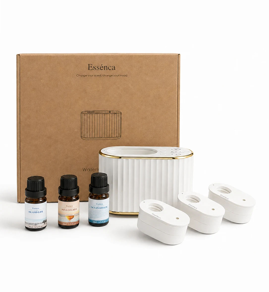 Essénca ONE diffuser, oils, ScentPods, and product box